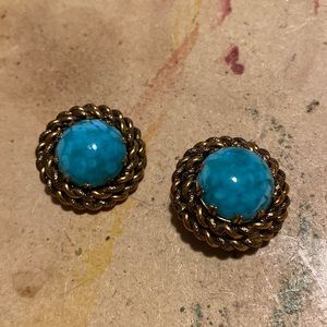 Blue and gold clip on earrings